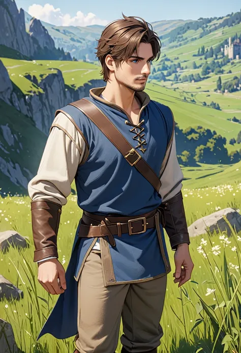 (masterpiece), (very detailed style), (without imperfections), (4k), man, brown hair, blue eyes, half-stocky, medieval adventurer clothing, in the field