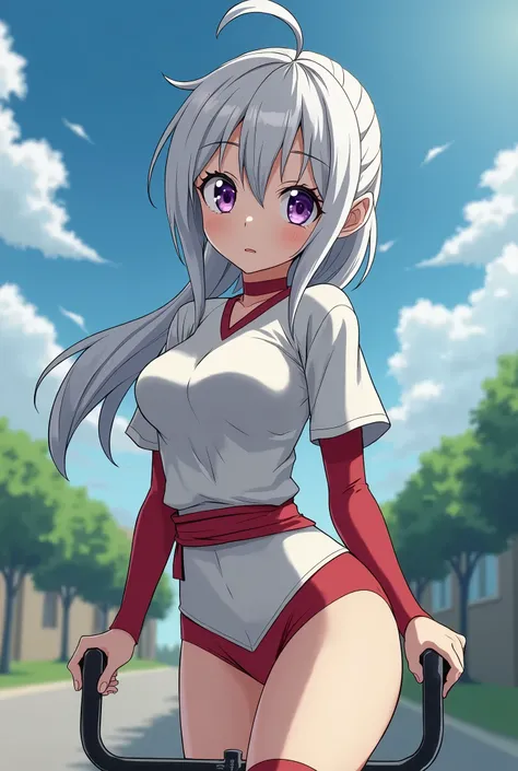 HD、Animation style、white hair 、Purple Eyes、girl、plump breasts 、High school student 、single ponytail、Baseball player、Light color short sleeve top、Long sleeve red underwear、Good shape、Thin、sash、Sky、cloud、sunny、Cycling、Navel exposed、dazzler、Breasts exposed、ni...