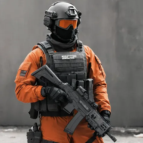 1985 action movie style, city of horrible scp foundation mobile task forces with red glass helmet orange and black sharp man wit...