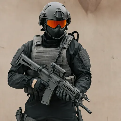 1985 action movie style, city of horrible scp foundation mobile task forces with red glass helmet orange and black sharp man wit...