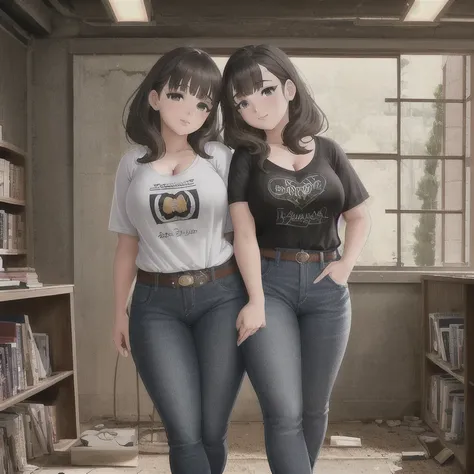 two cute akward nerdy petite slightly chubby emo mexican sisters, one with short hair and one with long hair, hair covering half...