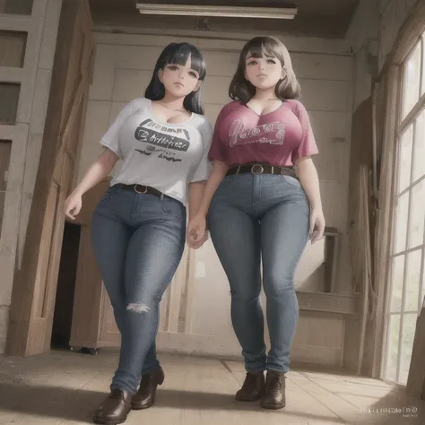 two cute akward nerdy petite slightly chubby emo mexican sisters, one with short hair and one with long hair, hair covering half...