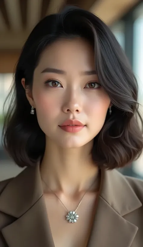 Beautiful 50 year old Korean woman, A stylish hairstyle that reaches down to the shoulders., Small and stylish necklace, ((middle aged perfect face)), serious expression, frontal, Close up of face, High-end shopping attire, Sophisticated makeup, The backgr...