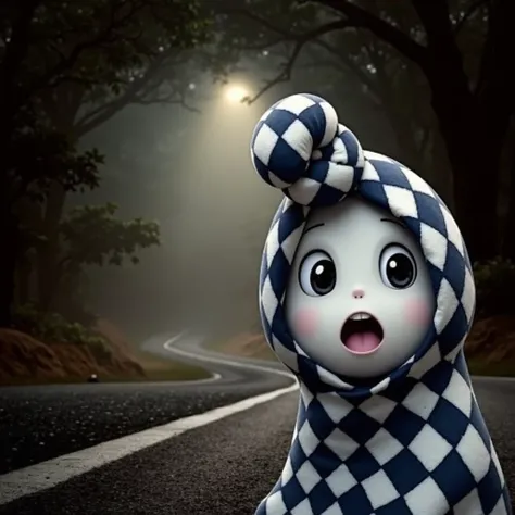 Create an image featuring a funny pocong face standing on a foggy road with their back to the viewer. The pocong is wearing a checkered garment with a knot tied at the top of their head and the face look on camera. The background in the night and surroundi...