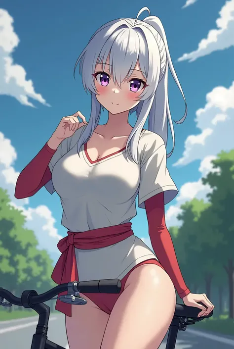 HD、Animation style、white hair 、Purple Eyes、girl、plump breasts 、High school student 、single ponytail、Baseball player、Light color short sleeve top、Long sleeve red underwear、Good shape、Thin、sash、Sky、cloud、sunny、Cycling、Navel exposed、dazzler、Breasts exposed、ni...