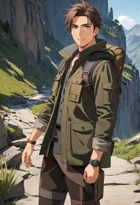 (masterpiece), (very detailed style), (without imperfections), (4k), man, brown hair, blue eyes, half-stocky, adventurer clothing