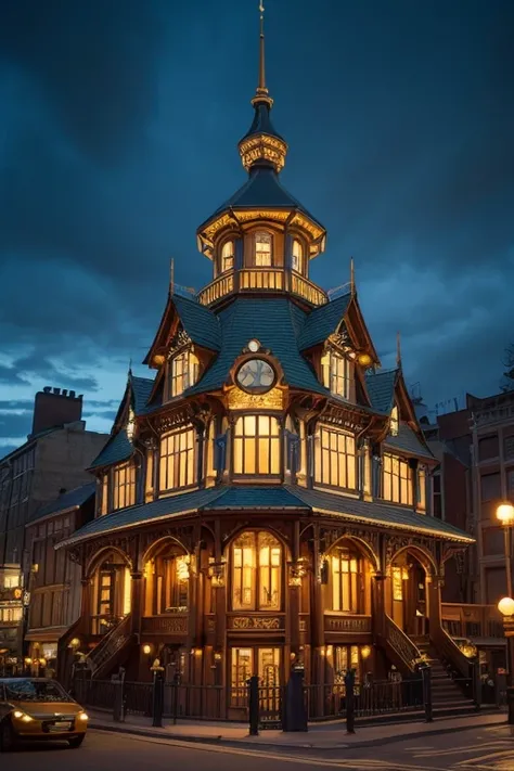 Describe a town lined with multi-story steampunk-style buildings featuring intricate and complex designs. Each floor of the buildings is adorned with mechanical gears, pipes, and clock mechanisms. The atmosphere is retro-futuristic, with unique balconies o...