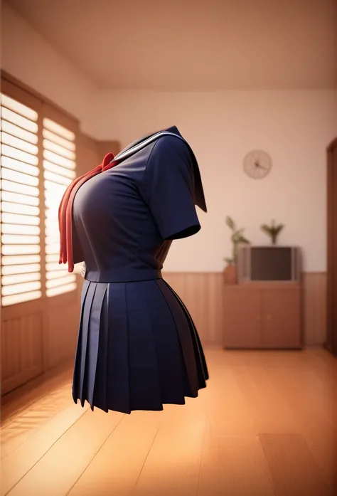 a detailed 3d rendering of a sailor japanese school uniform floating without a body. the outfit includes a navy blue pleated ski...