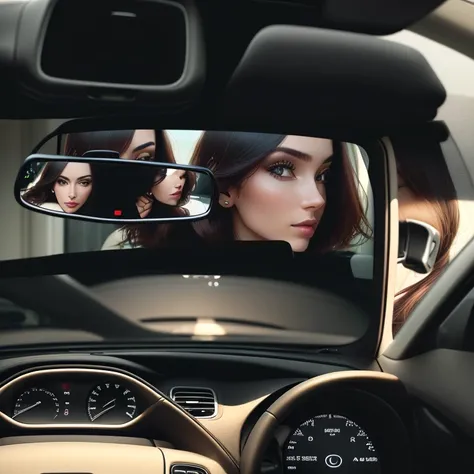 woman looking at herself in the rear view mirror of a car, herself reflected in rearview mirror,  Facing forward, view from back seat, looking into a mirror, looking in mirror, Our eyes meet, driving, medium wide shot, looking in the mirror, pov photo, dri...