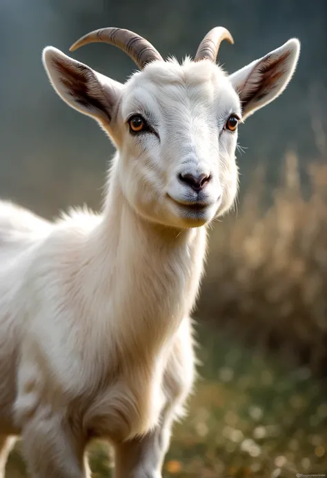 A cute goat greets the viewer, Pierre＝Art by Auguste Renoir and Jeremy Mann, (Viewpoint angle:1.2), Realistic, Ray Tracing, Beautiful lighting,masterpiece,National Geographic,Emphasis on realism,Blurred Background