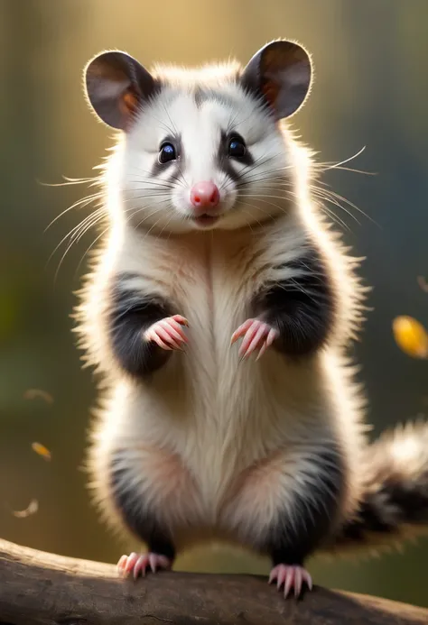 A cute Opossum greets the viewer, Pierre＝Art by Auguste Renoir and Jeremy Mann, (Viewpoint angle:1.2), Realistic, Ray Tracing, Beautiful lighting,masterpiece,National Geographic,Emphasis on realism,Blurred Background