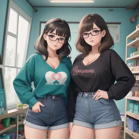 Two cute nerdy glasses petite chubby emo sisters, one with short hair and one with long hair, hair covering half face, beautiful detailed brown eyes, cutely detailed lips, extremely cute detailed eyes and face, busty, voluptuous breasts, deep cleavage, wid...