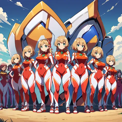 super sentai series, mecha bodysuits, girls surrounding, multiple girls, curvy body