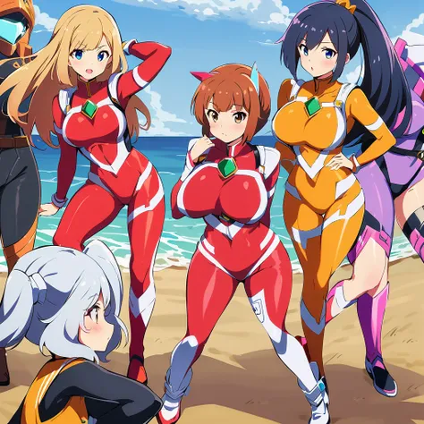 super sentai series, mecha bodysuits, girls surrounding, multiple girls, curvy body