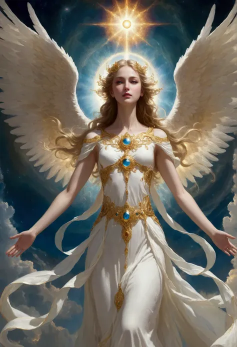 create an image of a biblical angel in its true, otherworldly form. the angel has multiple sets of wings, with six in total: two...