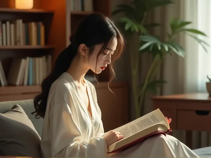 Side shot，A beautiful Chinese woman wearing a modern white dress is sitting in a modern study room reading a book，Night bedroom，Warm scene
