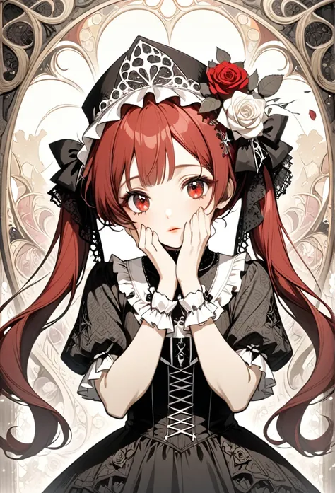 Gothic art and art.The miracle fusion of Nouveau、(Very old texture:1.5)、Wear and dirt、Soft line drawing、A red-haired girl with twin tails、Very beautiful red eyes and detailed lips、Classic Gothic style headwear、Wear a cute and gorgeous gothic dress with lot...