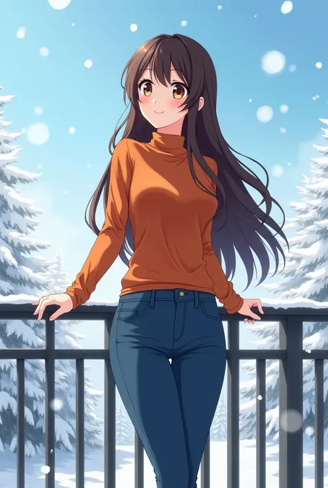 Young anime woman standing on a balcony, with long brunette hair and brown eyes, wearing blue skinny jeans and orange tight turtleneck with long sleeves, wearing black shoes, looking with light smile, a winter outside on a balcony