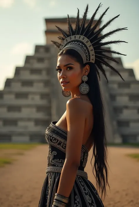 arafed woman in a black and white dress standing in front of a pyramid, aztec hair, aztec princess portrait, aztec street fashion, karol bak uhd, mayan style, dramatic smile pose intricate, aztec sun goddess, beautiful mexican woman, detailed dress and fac...