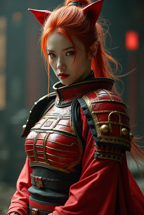 there is a woman in a samurai costume posing for a picture, very beautiful cyberpunk samurai, wearing kimono armor, dressed in samurai armour, amouranth, inspired by Kanō Hōgai, wearing kimono armour, wearing samurai armor, redhead queen in heavy red armor...