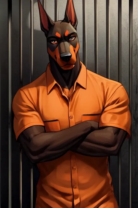 detailed, detailed eyes, detailed face, detailed hands, adult male, muscular male, solo, anthro doberman, prison, prisoner, prison orange uniform, serious look, looking at viewer, sexy pose, brown body,