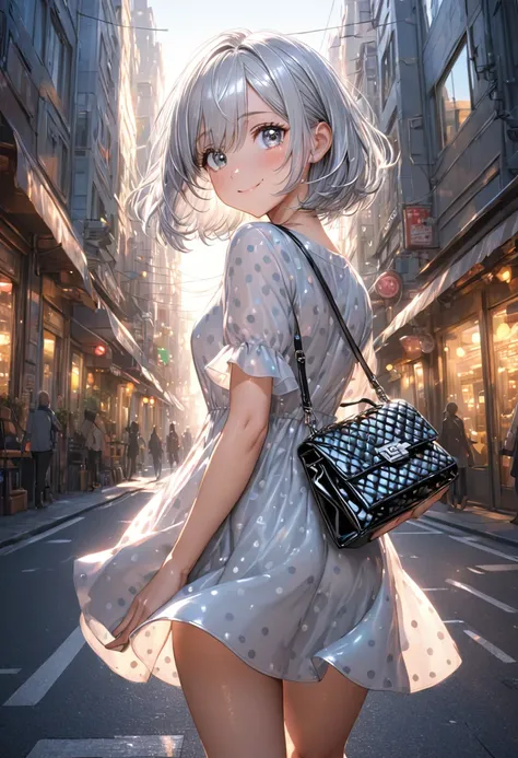 (masterpiece, perfect quality, ambient lights, hard-edged, cute, full body detailed, 32K, high details), perfect lighting, perfect anatomy, soft light, BREAK ((shiny silver hair)), bob cut, bang between eyes, beautiful hair), (glossy silver eyes:1.5), (bea...