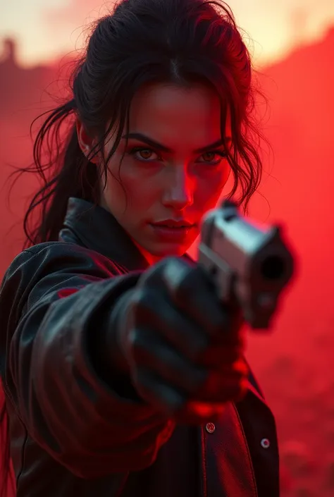 a close up of a woman holding a gun in a western setting, cyberpunk wild west, fantasy style 8 k octane render, ps5 cinematic screen capture, red and cinematic lighting, cinematic red lighting, 8k high quality detailed art, elegant cinematic pose, highly d...