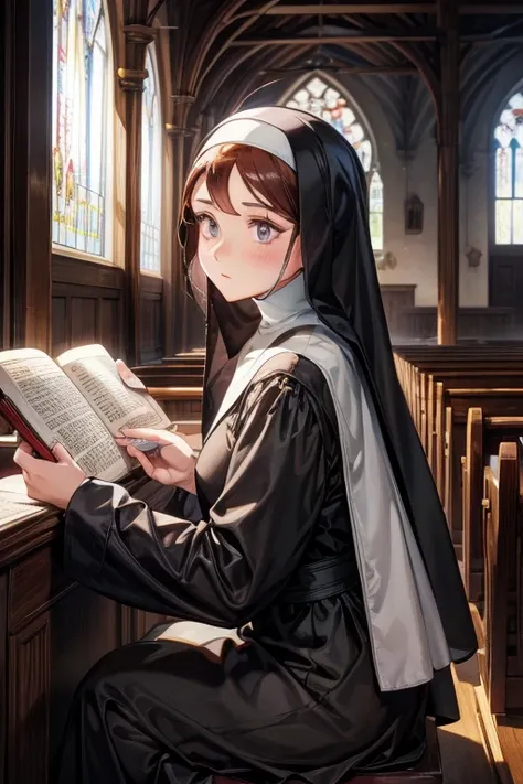 A nun reading the Bible in church、Downcast eyes、Long eyelashes、Handsome、Chestnut Hair、From the side