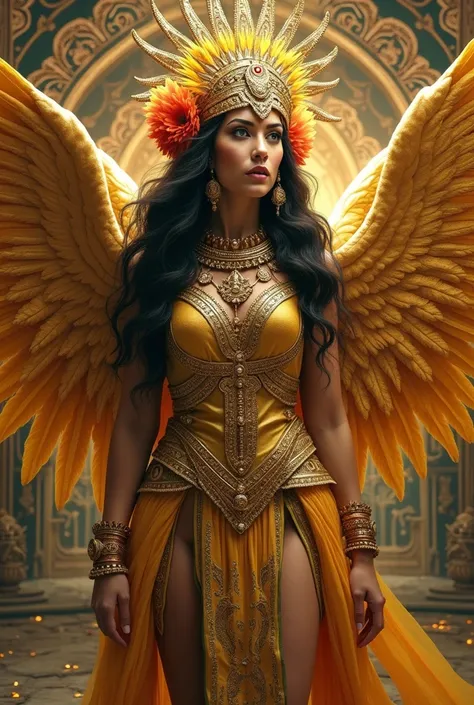 arafed woman in a golden costume with wings and a flower in her hair, aztec princess portrait, aztec empress, aztec sun goddess, aztec warrior goddess, aztec queen, mayan priestess, karol bak uhd, exotic costumes, aztec fantasy, a beautiful fantasy empress...