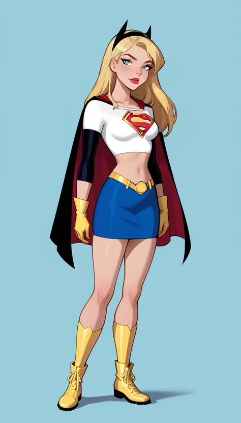 score_9, score_8_up, score_7_up, dcaustyle, source_cartoon, 2girls, duo, (Supergirl, blonde, wearing Supergirl costume, tight white tshirt, short sleeves, midriff, Supergirl emblem, blue skirt, tight skirt, red cape, short cape, gloves, red boots:1.3) and ...