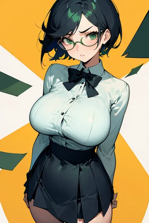 big breasted girl, large and marked rear, school uniform, short skirt, by black, short hair, glasses, green eyes, arrogant expression, school fund