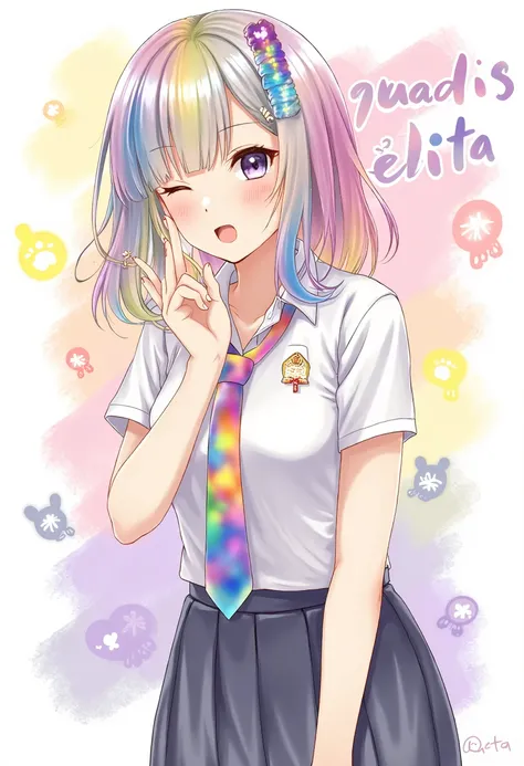 ((anime)), (masterpiece, best quality:1.2), 1girl, Alone, indonesian_high_school, tie, doodle, rainbow hair, colorful background, text on background "Gadis Jelita"