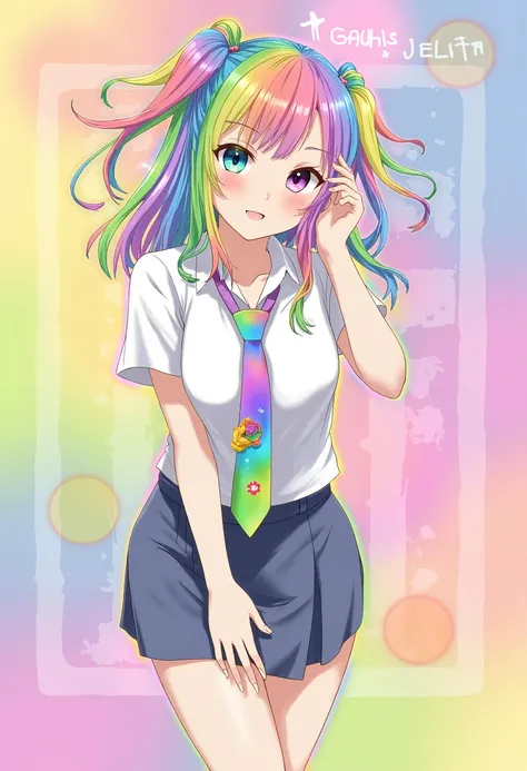 ((anime)), (masterpiece, best quality:1.2), 1girl, Alone, indonesian_high_school, tie, doodle, rainbow hair, colorful background, text on background "Gadis Jelita"