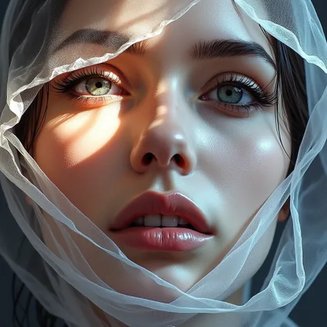 Black paint realistic portrait k, Female face image, full-screen face only. Looking ahead, the image is slightly turned sideways, there is a transparent, light, and faint colored cloth, the smoke reflex is bright and beautiful.