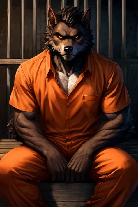 detailed, detailed eyes, detailed face, detailed hands, adult male, muscular male, solo, werewolf, prison, prisoner, prison orange uniform, serious look, looking at viewer, sitting in a cot,