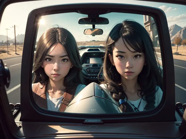 One small horizontal rearview mirror, There is a rear-view mirror above the windshield. woman looking at herself in the rear view mirror of a car, herself reflected in rearview mirror,  pov photo, Facing forward, view from front seat, looking into a mirror...