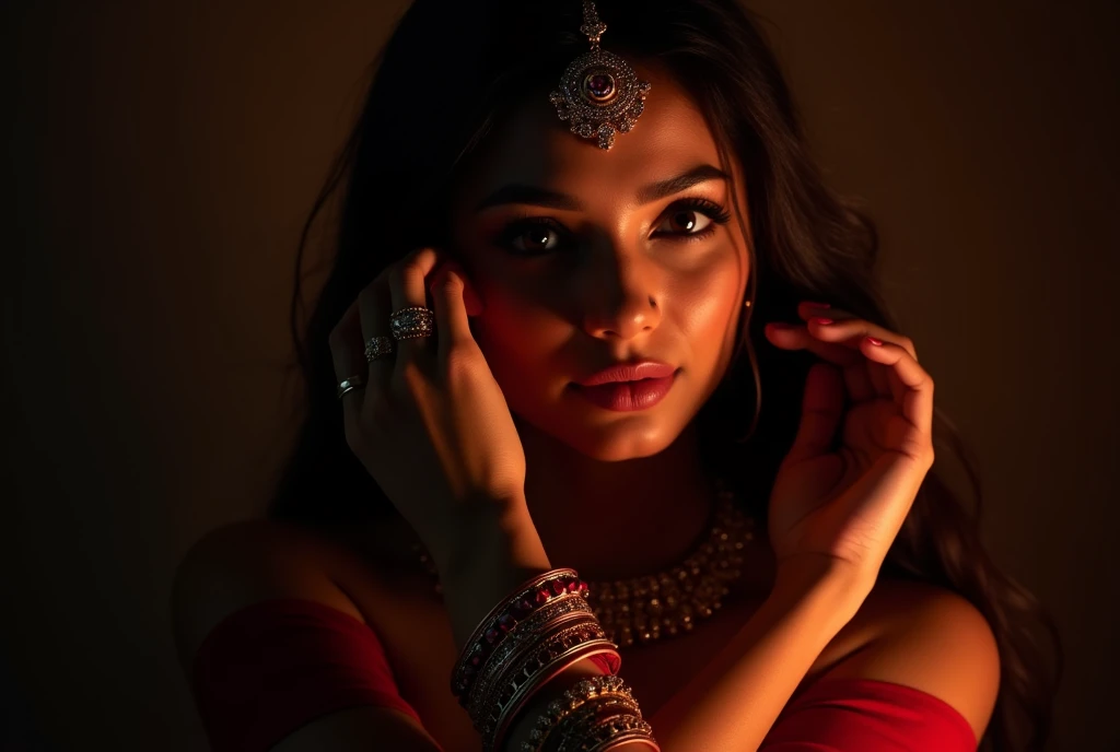 Captivating photos taken in a studio environment, Showcasing Indian models with impeccable elegance. The backlit setup is、Add a touch of mystery, Project the silhouette of a model on a dark background. The details of the models face are beautifully emphasi...