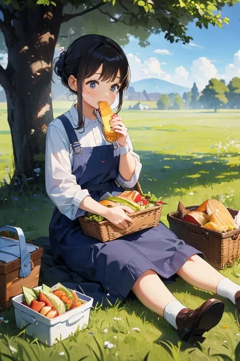 With his mother on a picnic in the fields３Children of people、An older child stuffing his face with a sandwich、Child sitting on mother&#39;s lap、A child sleeping soundly、A big tree nearby、