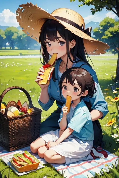 With his mother on a picnic in the fields３Children of people、An older child stuffing his face with a sandwich、Child sitting on mother&#39;s lap、A child sleeping soundly、A big tree nearby、