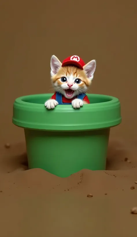 After birth１Month-old cat　It&#39;s peeking out from a green clay pipe.　Mario Costume　カメラに向かって笑ってMouth open　Eyes open　Mouth open　８k Real　Raw Image