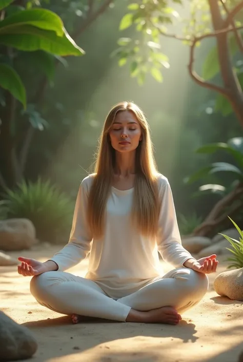 a woman meditating in a serene natural environment. She is dressed in a simple and comfortable white long-sleeve top and pants. Her long, straight hair flows naturally down her back. The woman sits cross-legged on a sandy surface, surrounded by natural sto...