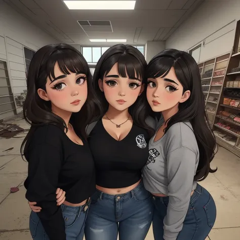 two cute petite curvy chubby emo sisters, one with short hair and one with long hair, hair covering half face, one wearing glass...