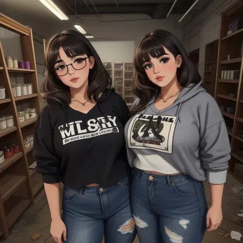 Two cute petite curvy chubby emo sisters, one with short hair and one with long hair, hair covering half face, one wearing glasses, beautiful detailed brown eyes, cutely detailed lips, extremely cute detailed eyes and face, busty, voluptuous breasts, deep ...