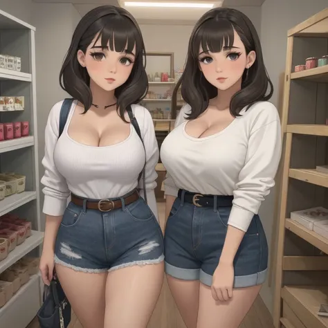 two cute petite curvy chubby emo sisters, one with short hair and one with long hair, hair covering half face, one wearing glass...