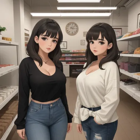 Two cute petite curvy chubby emo sisters, one with short hair and one with long hair, hair covering half face, one wearing glasses, beautiful detailed brown eyes, cutely detailed lips, extremely cute detailed eyes and face, busty, voluptuous breasts, deep ...