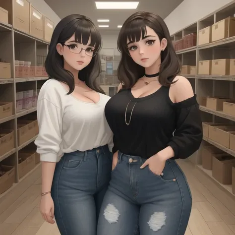 Two cute petite curvy chubby emo sisters, one with short hair and one with long hair, hair covering half face, one wearing glasses, beautiful detailed brown eyes, cutely detailed lips, extremely cute detailed eyes and face, busty, voluptuous breasts, deep ...