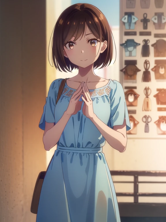 ((light blue summer dress)), (Long Bob, bangs, Brown Hair),mizuharachizuru, Chizuru Ichinose, solo woman, (Brown eyes:1.5), smile,outdoors, crowd, people々,looking at viewer, (Cowboy Shot:1.5),(masterpiece:1.2), Best Quality, High resolution, Unity 8K Wallp...