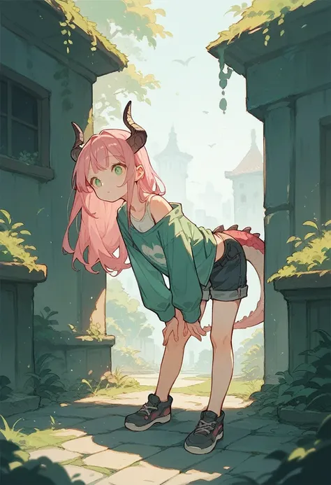 Rimu from Black Company Dungeon is a young girl with long pink hair and bright green eyes. Her appearance is casual and her hair is often loose, giving her a casual and carefree appearance. she has dragon horns. bent over.  no closes