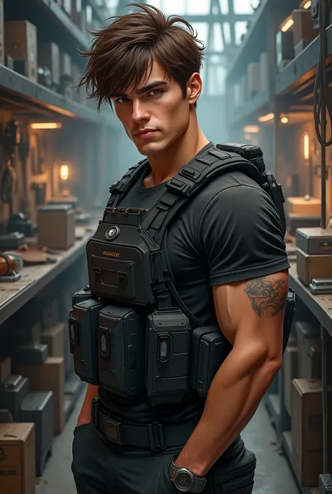 Handsome young man. Unruly brown hair falling over his forehead. Visage fin et des yeux bruns qui brillent. normal size. Muscular but not too much. Dressed in black combat gear. Standing in a modern workshop with equipment for making traps
