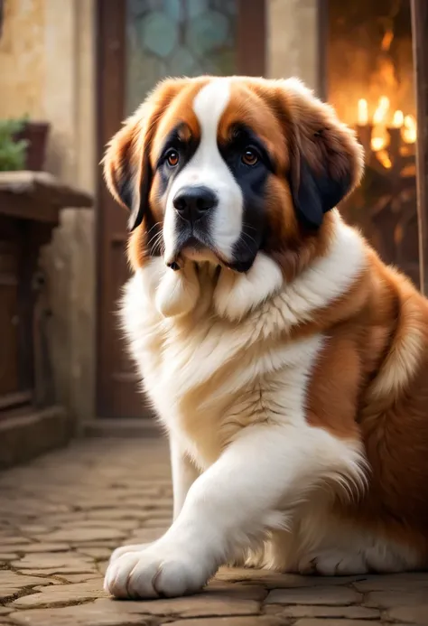 A cute saint Bernard greets the viewer, Pierre＝Art by Auguste Renoir and Jeremy Mann, (Viewpoint angle:1.2), Realistic, Ray Tracing, Beautiful lighting,masterpiece,National Geographic,Emphasis on realism,Blurred Background